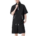 thumbnail image 1 of Men Bubble Textured 2 Piece Outfit Set, Quarter Zip Stand Collar Short Sleeve Jacket and Drawstring Elastic Waist Cargo Pocket Shorts Summer Tracksuit Size 4XL Black, 1 of 5