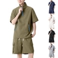 thumbnail image 1 of Men Bubble Textured 2 Piece Outfit Set, Quarter Zip Stand Collar Short Sleeve Jacket and Drawstring Elastic Waist Cargo Pocket Shorts Summer Tracksuit Size 4XL Army Green, 1 of 9