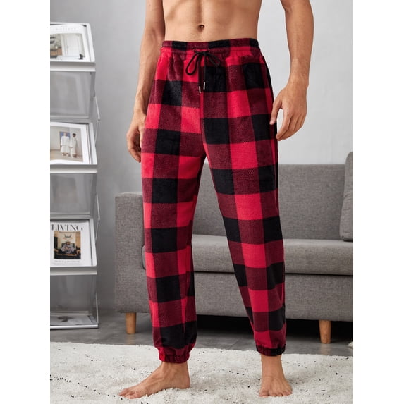 Men Buffalo Plaid Print Drawstring Waist Teddy Pajama Pants