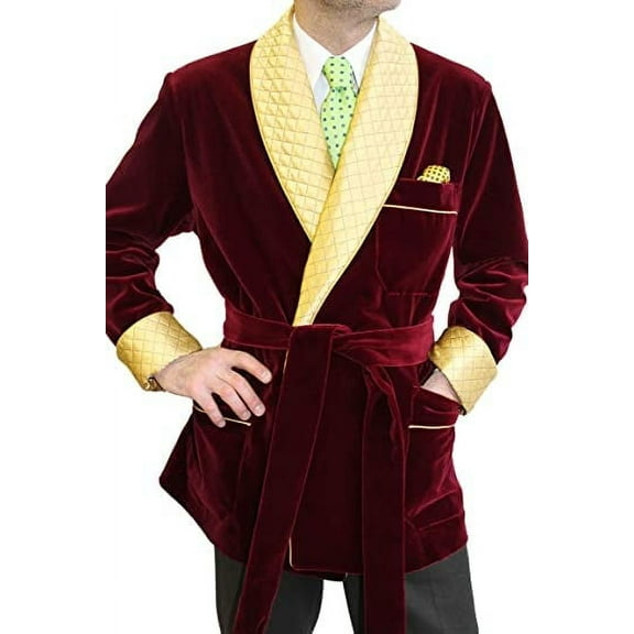 Men Burgundy Smoking Jacket With Yellow Quilted Vintage Style Smoking Jackets Dinner Party Wear For Mens