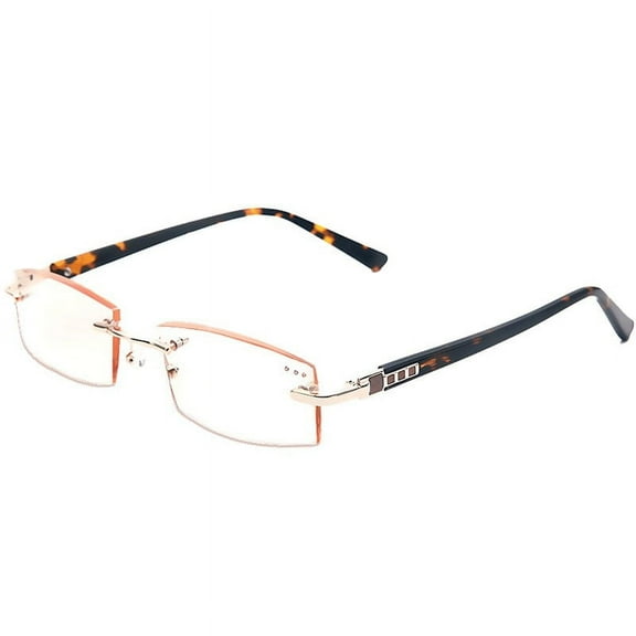 Men Business Gold Reading Glasses 2.00, Rimless Brown Lenses Tortoiseshell Temple Anti Blue Light Rectangular Readers +2.00 Strength