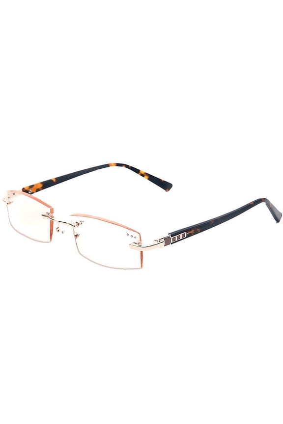 Men Business Gold Reading Glasses 2.00, Rimless Brown Lenses Tortoiseshell Temple Anti Blue Light Rectangular Readers +2.00 Strength