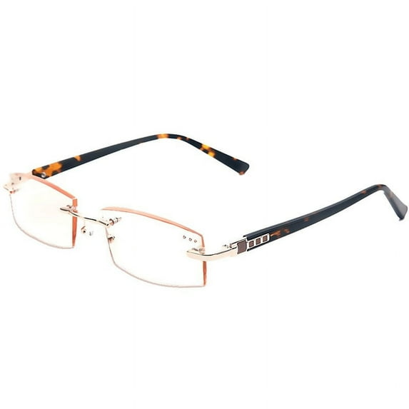 Men Business Gold Reading Glasses 3.00, Rimless Brown Lenses Tortoiseshell Temple Anti Blue Light Rectangular Readers +3.00 Strength