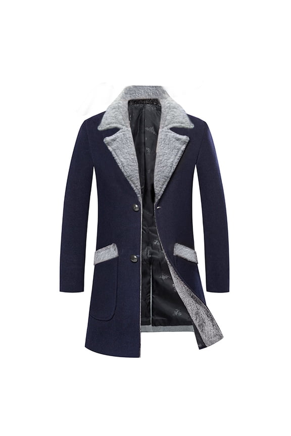 Men Business Jacket Medium Length Single-breasted Solid Color Plush Collar Autumn Winter Woolen Coat Windbreaker Streetwear