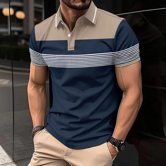 Men Business Polo Shirts Short Sleeve Tshirt Striped Colorblock Top Blouse Comfy Classic Fit Outfits Clothing