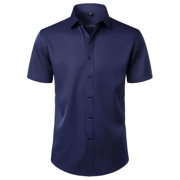 Men Business Satin Dress Shirts Summer Office Lapel Short Sleeve Button Blouses Office Loose Fit Solid Color Formal Tops
