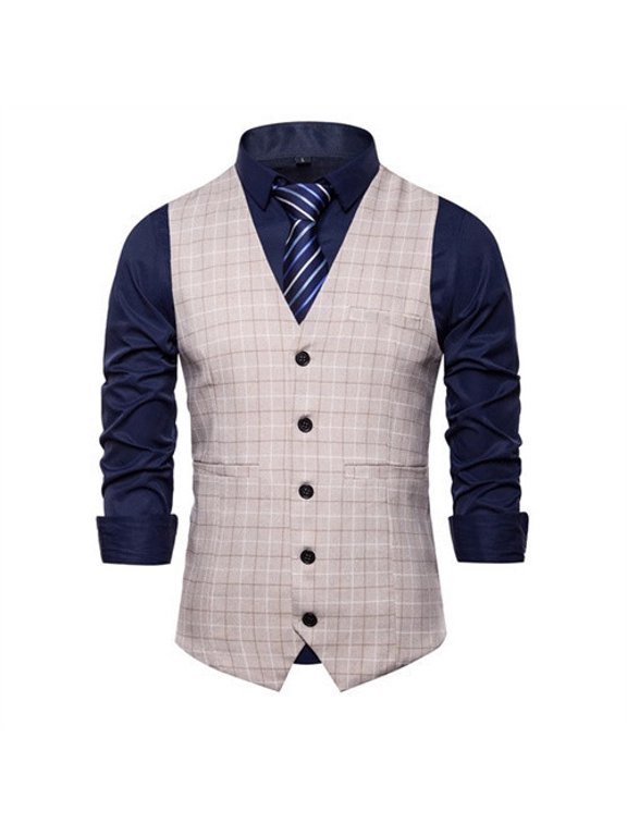 Men Business Social Checkered Suit Vest Loose Homme Wedding Ball Party Waistcoat