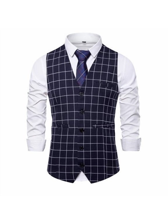 Men Business Social Checkered Suit Vest Loose Homme Wedding Ball Party Waistcoat