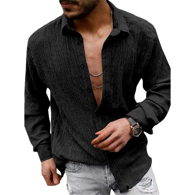 Men Button Down Linen Shirts Casual Long Sleeve Lapel Collar Solid Color Tops Beach Shirts