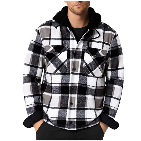 Men Button Hooded Shirt Coats Plaid Casual Flannel Hooded Jackets Thicken Fleece Lined Long Sleeve Shirts with Pocket Gray XXL