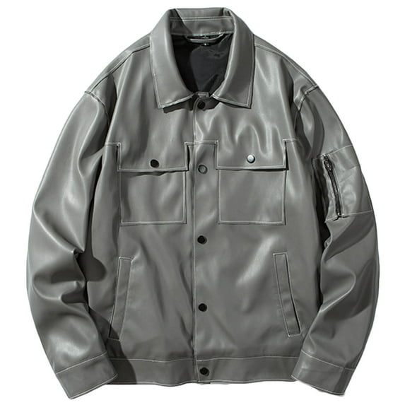 Men Button Up Faux Leather Jacket Vintage Stand Collar Punk Motorcycle Jacket Fashion Moto Biker Coats Outwear