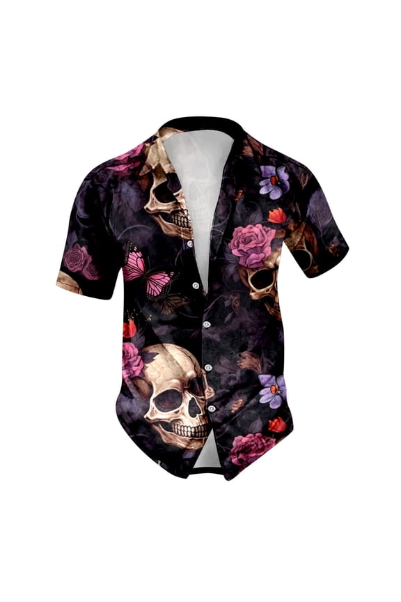 Men Button Up Shirt Halloween Theme Skull Print Casual Turndown Collar Short Sleeve Shirt Cute Shirts