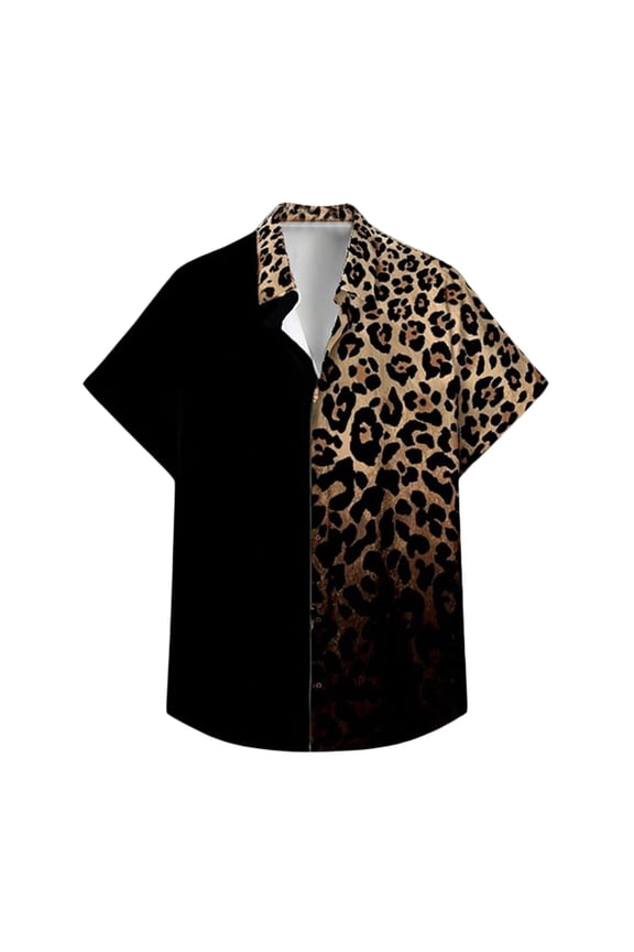Men Button Up Shirt Leopard Print Lightweight Shirt Breathable Short Sleeve Turndown Collar Relaxed Fit Men Shirts Graphic