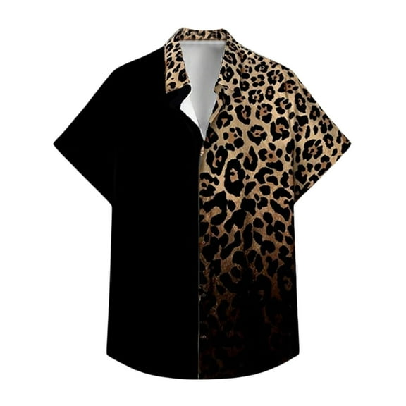 Men Button Up Shirt Leopard Print Lightweight Shirt Breathable Short Sleeve Turndown Collar Relaxed Fit Mens Shirt