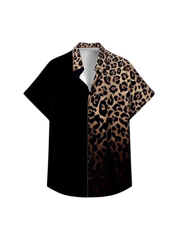 Men Button Up Shirt Leopard Print Lightweight Shirt Breathable Short Sleeve Turndown Collar Relaxed Fit Shirt Men Graphic