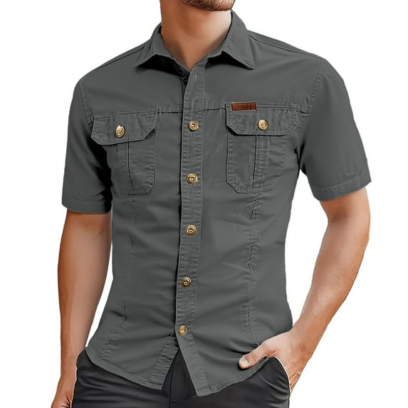 Men Button Up Shirt Short Sleeve Turndown Collar Work Shirt Solid Color Classic Fit Mens Shirts Casual