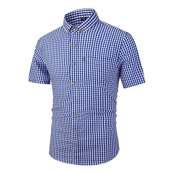Men Button Up Shirt Thin Plaid Turndown Collar Short Sleeve Shirt Slim Fit Dressy Shirts for Men