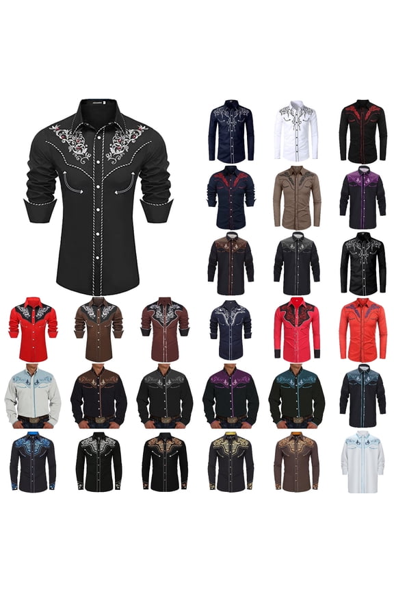 Men Button Up Shirt Vintage Pearl Snap Shirt Rhinestone Cowboy Cut Western Embroidered Long Sleeve Turndown Collar Shirt Casual Men's Shirts
