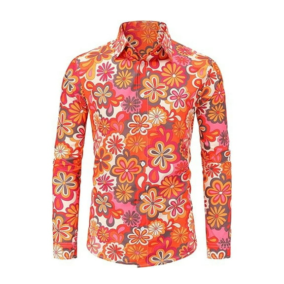 Men Button Up Shirt Vintage Turndown Collar Long Sleeve Floral Shirt Thin Slim Fit Men Shirts Graphic
