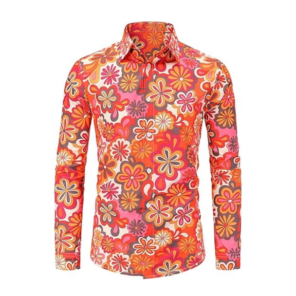 Men Button Up Shirt Vintage Turndown Collar Long Sleeve Floral Shirt Thin Slim Fit Men Shirts Graphic