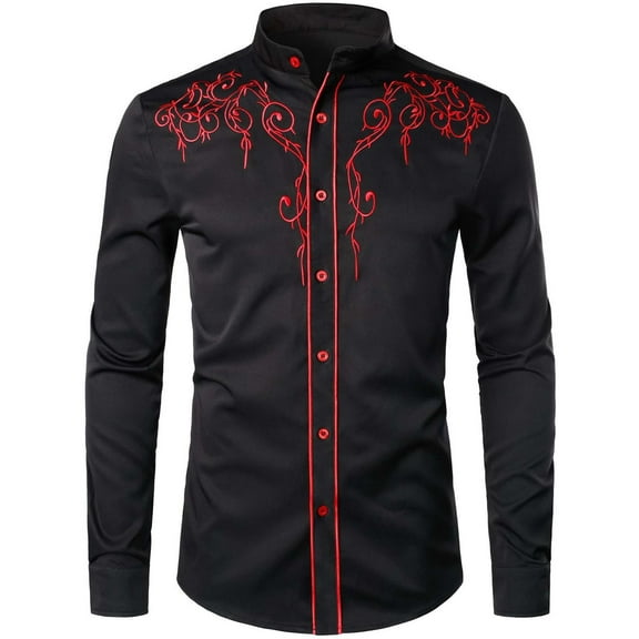 Men Button Up Shirt Vintage West Cowboy Turndown Collar Long Sleeve Shirts for Men Slim Fit Casual Shirt Men Graphic
