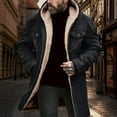 thumbnail image 1 of Men Button Winter Coats Thicken Fleece Lined Vintage Faux Suede Jacket Winter Long Jackets Hooded Outwear Trench Coat Black XXL, 1 of 8