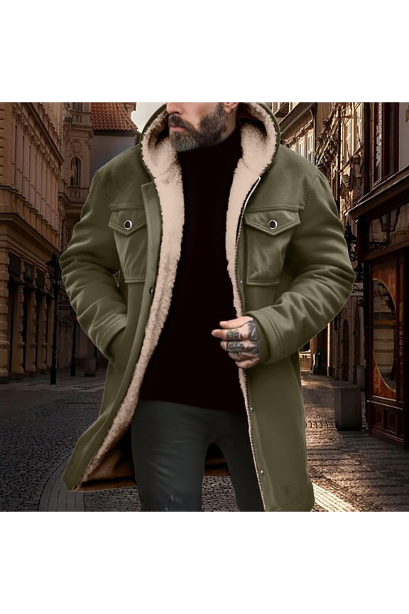 Men Button Winter Coats Thicken Fleece Lined Vintage Faux Suede Jacket Winter Long Jackets Hooded Outwear Trench Coat Green XXL