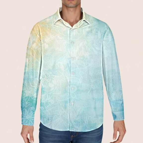 Men Button up Shirts Floral Print Lapel Collar Long Sleeve Casual Dress Shirt Mens Plus Size Blouses (XL, Light Blue)