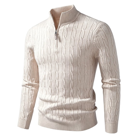 Men Cable Knit Quarter Zip Sweater, Slim Fit Mock Neck Half Zip Long Sleeve Pullover Jumper, Soft Lightweight Knit Top Beige XXL(XXL)