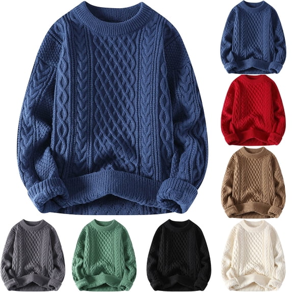 Men Cable Knit Vintage Chunky Sweater Loose Casual Knitted Sweater Woven Crewneck Knitted Top