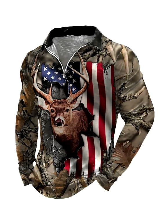 Men Camo Forest Stag Deer American Flag Print Half Zip Lapel Long Sleeve Top Retro Wildlife Hunting Casual Street Shirt