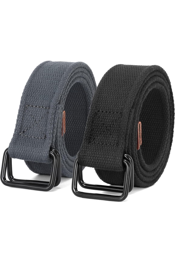 Men Canvas Belt Web Fabric Casual Belt with Black Double D-ring 1 1/2" Wide Set of 2