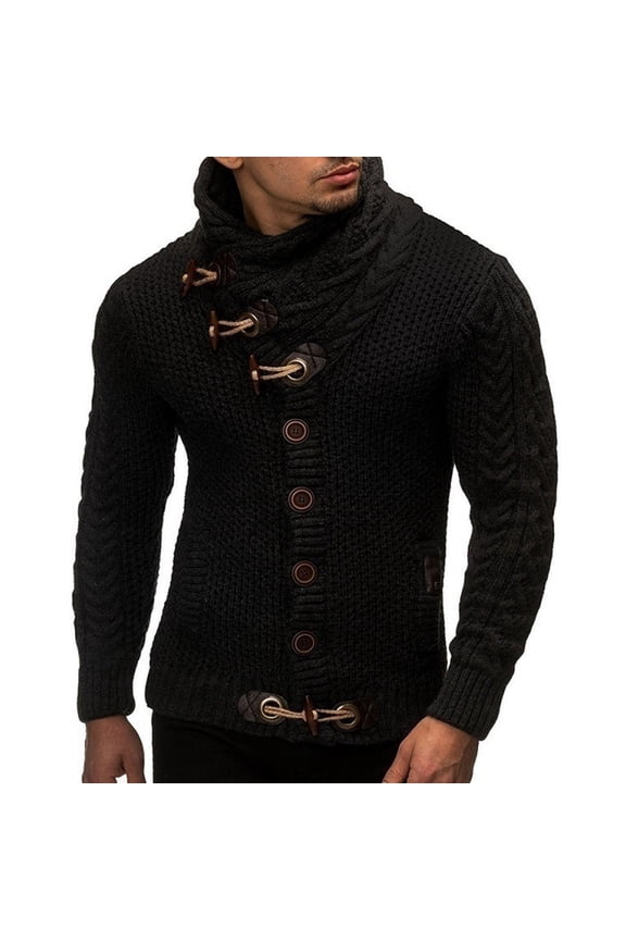 Men Cardigan Sweater Horn Buttons Solid Color Turtleneck Long Sleeve Knitwear Autumn Winter Slim Fit Sweater Streetwear