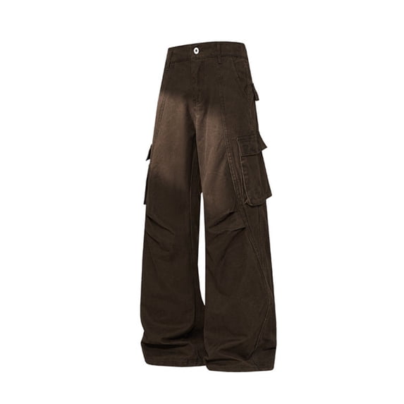 Men Cargo Pants Button Zipper Wide Leg Solid Color Trousers Loose Casual Athletic Outdoor Clothes With Pockets (5XL, Brown-A)