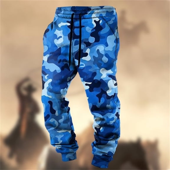 Men Cargo Pants Camouflage Slim Fit Casual Stretch Sweatpant with Drawstrings Lightweight Travel Fall Hiking Outdoor Sport Pants Blue XXXL