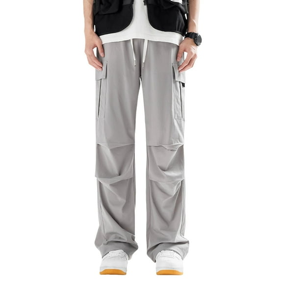Men Cargo Pants Loose Wide Leg Drawstring Elastic Waist Loose Solid Color Quick Dry Thin Multi Pockets Sport Daily Wear Full Length Trousers