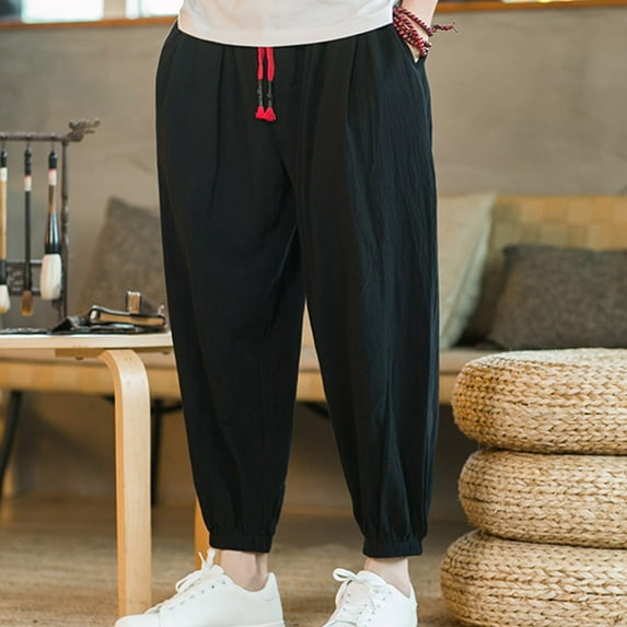 Men Cargo Pants Men's Linen Harem Drawstring Pants Japanese Casual Elastic Waist Baggy Trouser Hippie Yoga Pants Joggers Sweat Lounge Harem Pants Trousers Drop Crotch Sweatpants Trousers