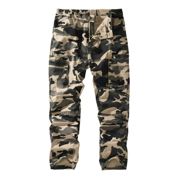 Men Cargo Pants Pockets Casual Camouflage Straight Leg Pants Multi Pockets Lightweight Utility Streetwear Trousers Khaki 34