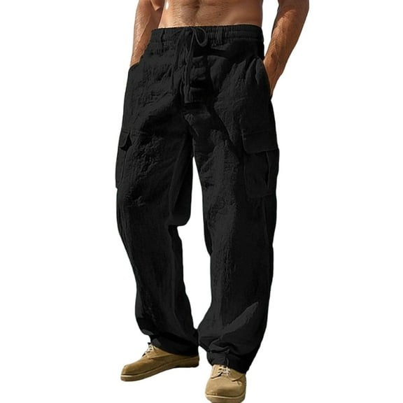 Men Cargo Pants Pockets Linen Cotton Casual Pants Multi Pockets Breathable Wide Leg Lightweight Spring Fall Trousers Black L