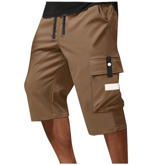 Men Cargo Pants Pockets Workwear Casual Capris Multi Pockets Mid Length Shorts Straight Leg Lightweight Utility Trousers Brown XXL