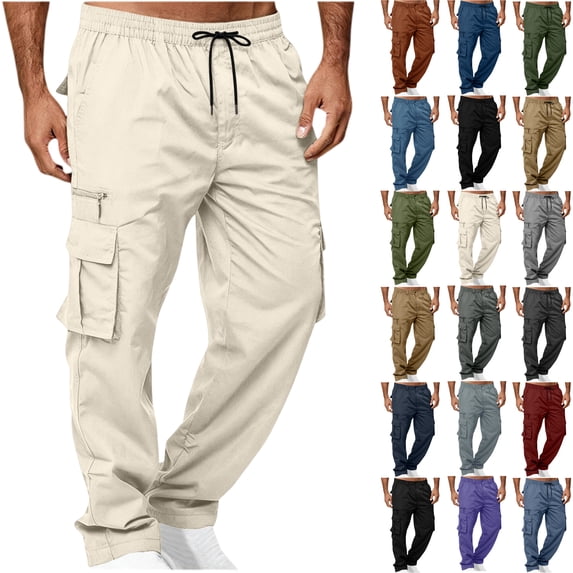 Men Cargo Pants Solid Casual Elastic Waist Pockets Outdoor Straight Fitness Pants Trousers