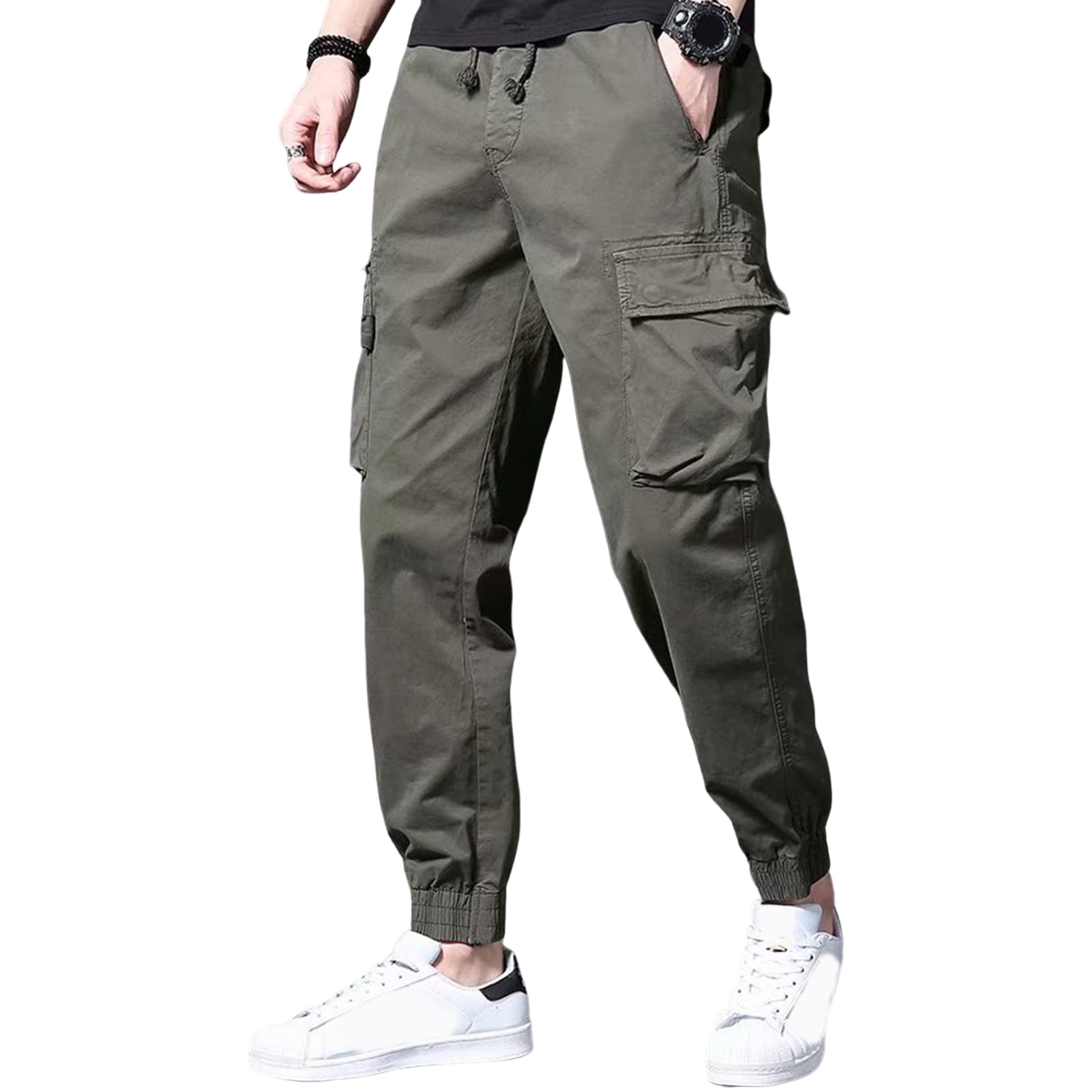 Men Cargo Pants Solid Color Elastic Waist Multi Pockets Drawstring ...