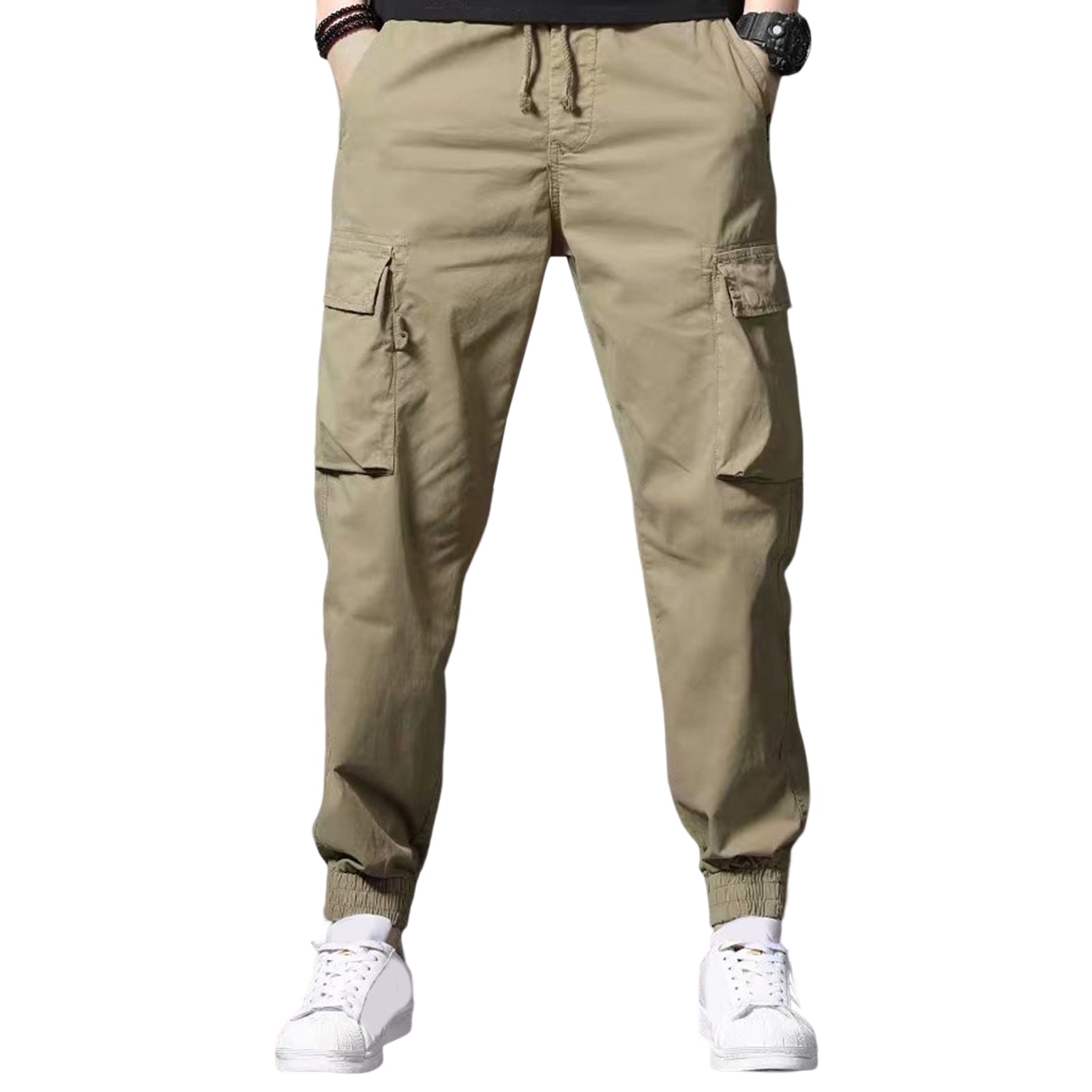 【KOOLOSET】Solid Cotton Banding Cargo Pants Men Cargo Pants Solid Color Elastic Waist Multi Pockets
