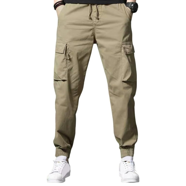 Men Cargo Pants Solid Color Elastic Waist Multi Pockets
