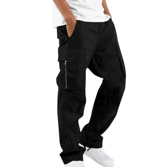 Men Cargo Pants Solid Drawstring Zip Pockets Casual Hiking Joggers Athletic Straight Leg Pant Workout Loose Trousers