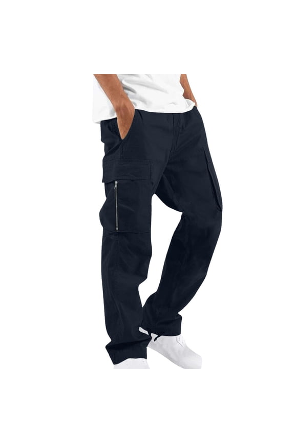 Men Cargo Pants Solid Drawstring Zip Pockets Casual Hiking Joggers Athletic Straight Leg Pant Workout Loose Trousers