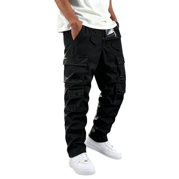 Men Cargo Pants Straight Leg Multi Pocket Casual Trousers Drawstring Waist Relaxed Fit,29,Black