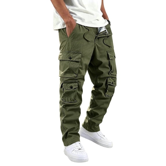 Men Cargo Pants Straight Leg Multi Pocket Casual Trousers Drawstring Waist Relaxed Fit,30,Green