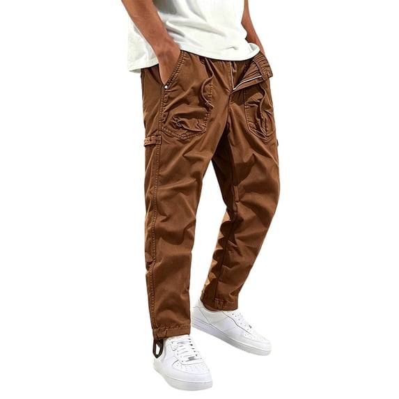 Men Cargo Pants Straight Leg Multi Pocket Casual Trousers Drawstring Waist Relaxed Fit,31,Brown