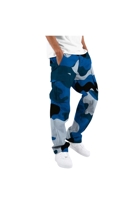 Men Cargo Pants with Pockets Camouflage Wide Leg Casual Pants Streetwear Loose Lightweight Spring Fall Blue XL